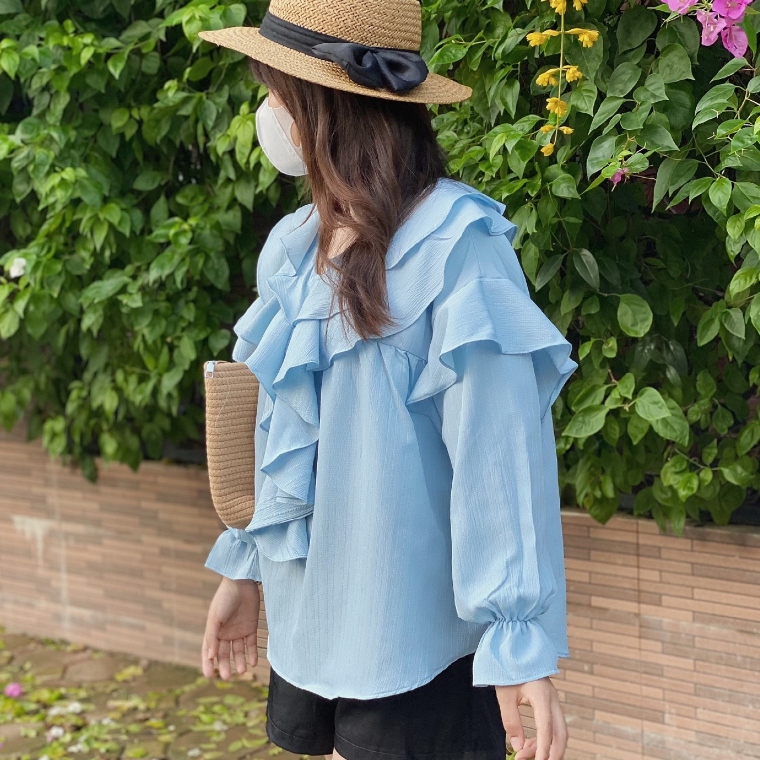 Áo sơ mi nữ babydoll,áo bèo chất liệu đũi gân Liluta tay dài xinh xắn