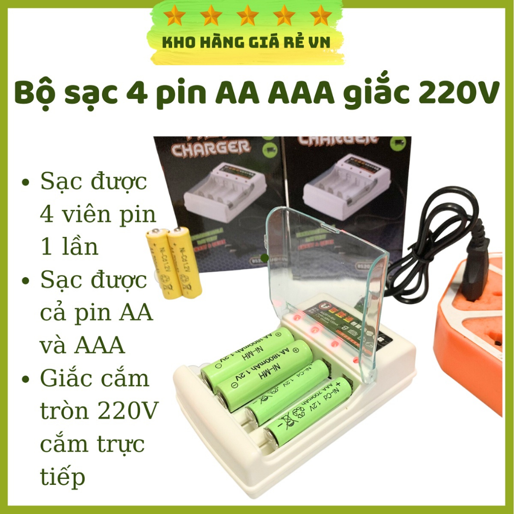 Bộ sạc pin nhanh 4 cổng sạc dùng cho pin AA và pin AAA điện áp 1,2V