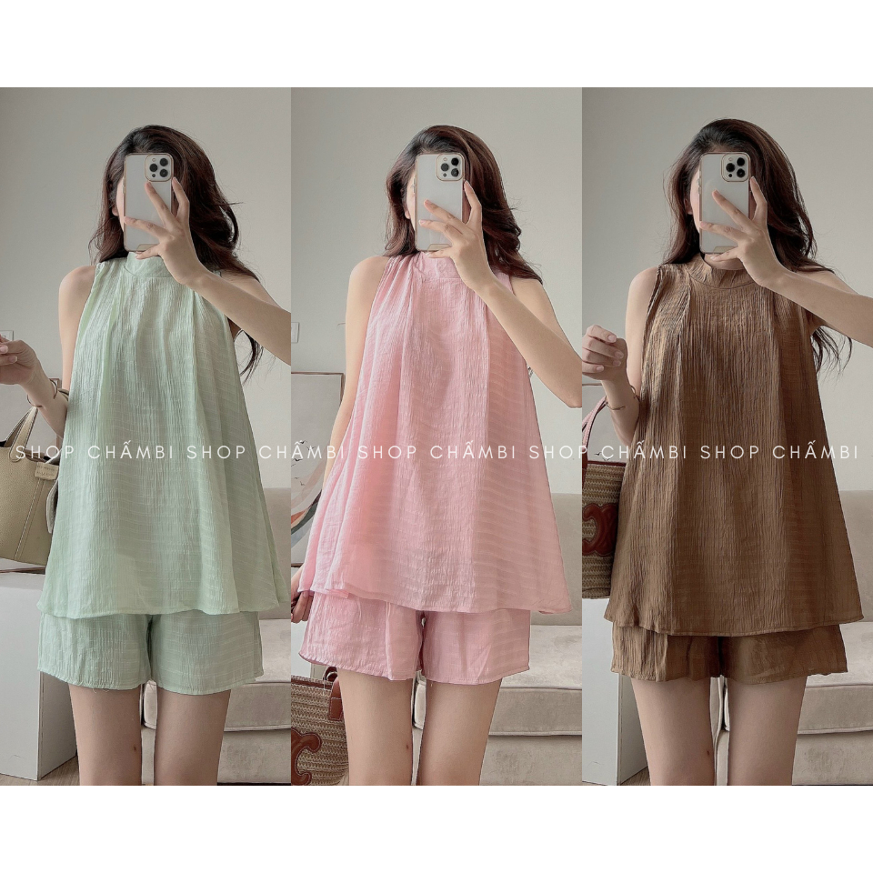 Set đồ nữ đi chơi S.137, Set áo yếm tơ kèm quần đùi cùng màu đơn giản thoải mái - Shop Chấm Bi