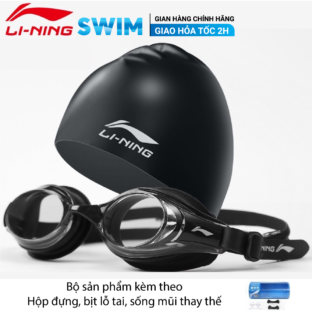 Combo Mũ Và Kính Bơi LI-NING Chống Nước Cho Người Lớn Trẻ Em Kính Bơi LINING Mũ Bơi LINING