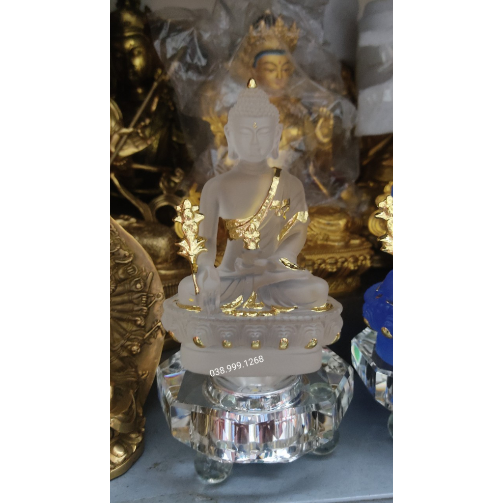 Tượng Dược sư xanhda trời màu trắng vẽ vàng 12cm kèm đế 7 pha lê 7 màu Tượng Dược Sư Lưu Ly dát vàng