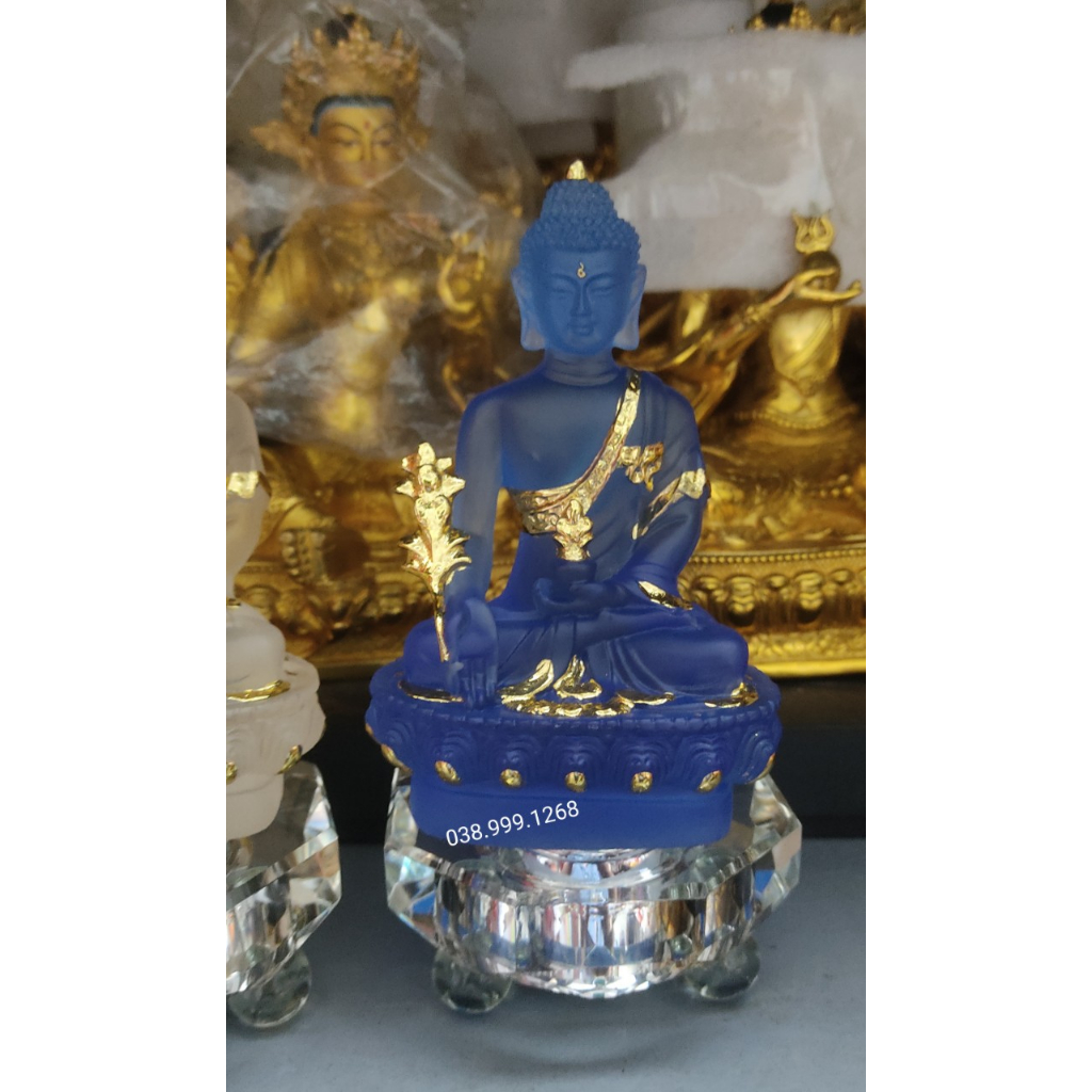 Tượng Dược sư xanhda trời màu trắng vẽ vàng 12cm kèm đế 7 pha lê 7 màu Tượng Dược Sư Lưu Ly dát vàng