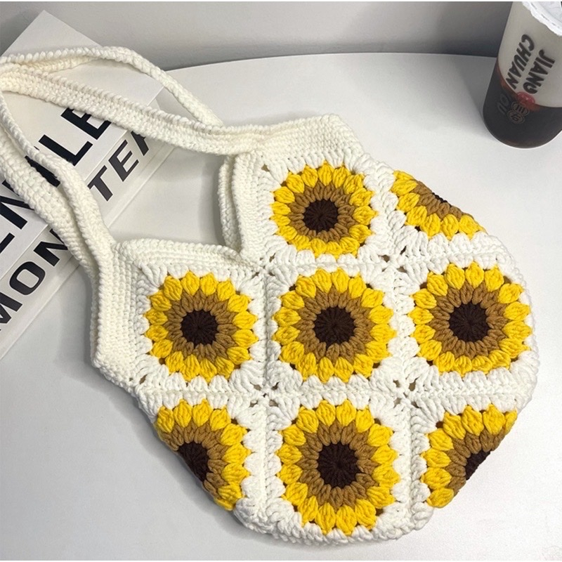 Gói nguyên liệu len tự đan túi xách hình hoa hướng dương xinh xắn dễ thương