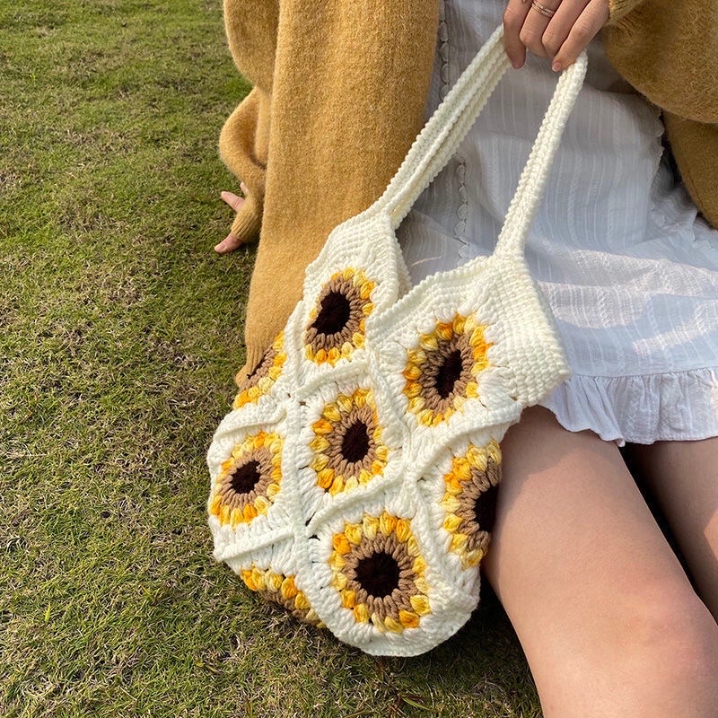 Gói nguyên liệu len tự đan túi xách hình hoa hướng dương xinh xắn dễ thương