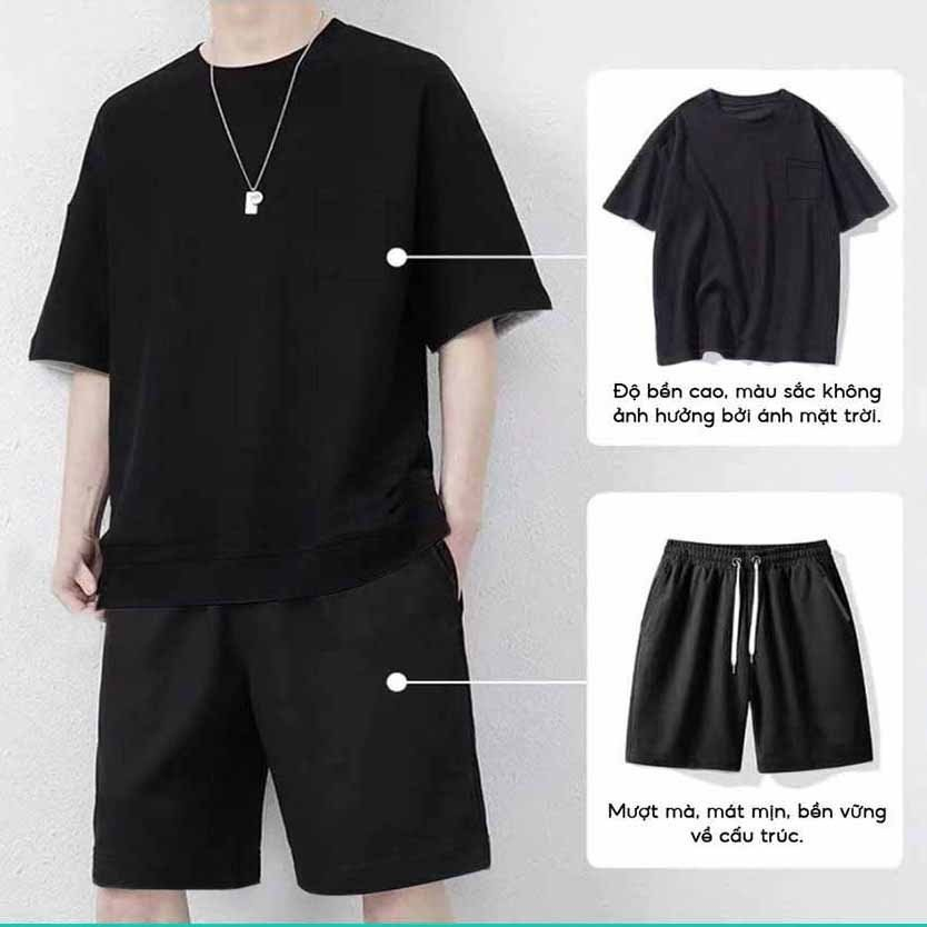 Bộ Thể Thao Nam Trơn Cao Cấp Chất Vải Thun Xốp Co Giãn Tay Cộc Lưng Thun Có Túi Phù Hợp Mặc Nhà Hoặc Chơi Thể Thao...