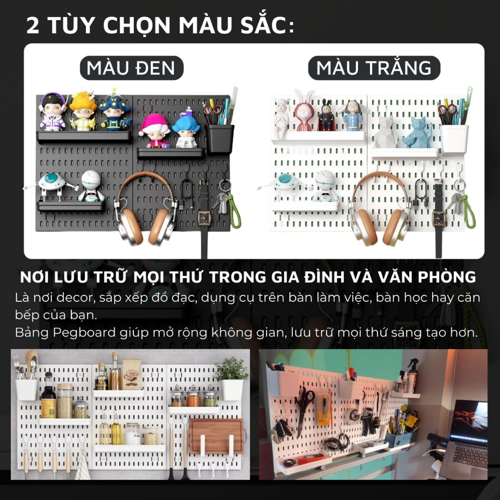 Kệ giá bảng treo tường DandiHome trang trí pegboard để đồ decor bàn học, phòng bếp, nhà tắm, đã kèm đầy đủ phụ kiện, dán
