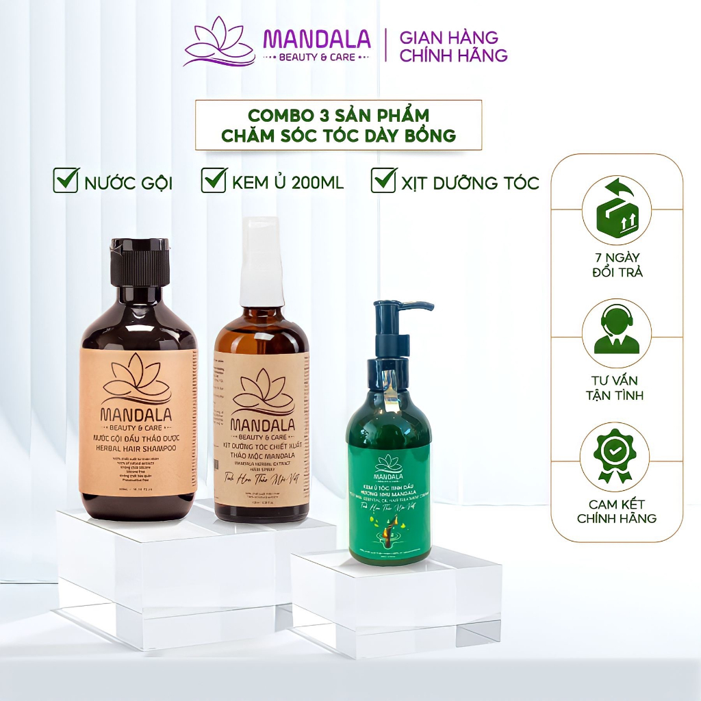 Nước Gội Thảo Dược Mandala 30ml, Kem Ủ Tóc Tinh Dầu Hương Nhu, Xịt Dưỡng Tóc Thảo Mộc