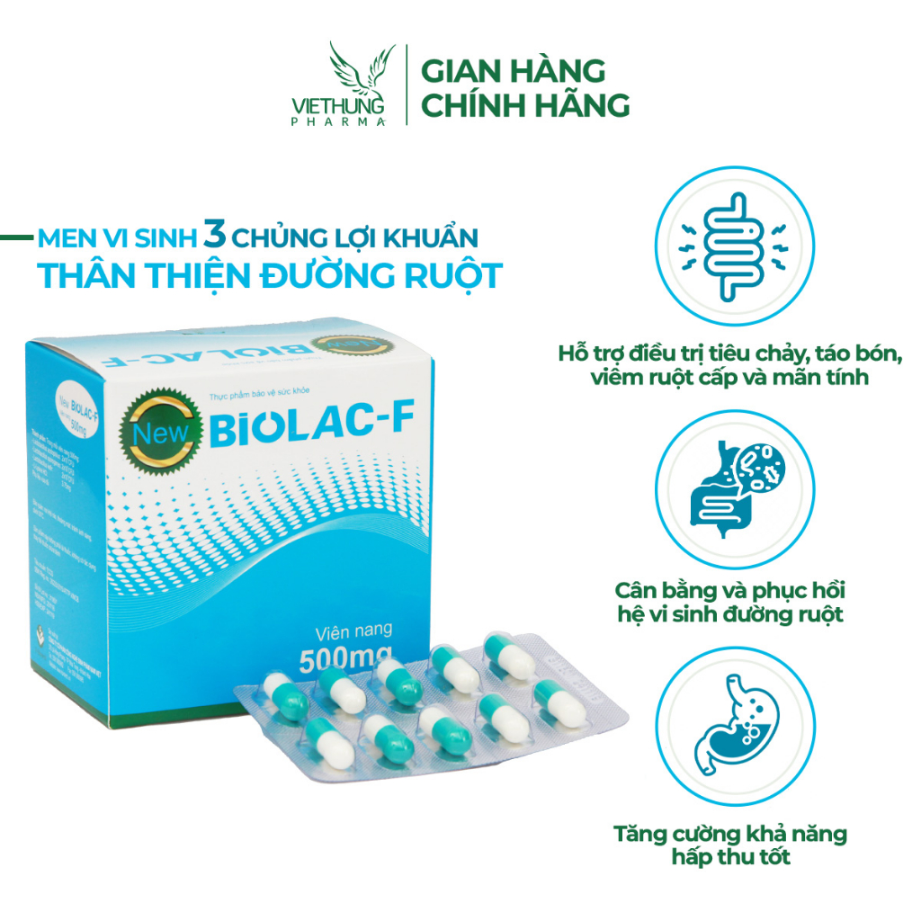 Men Vi Sinh BiolacF VietHung Pharma, Bổ Sung Lợi Khuẩn, Giảm Tiêu Chảy, Táo Bón, Khó Tiêu, Kém Hấp Thu, Hộp 100 viên