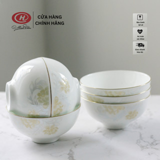 [Sứ Siêu Nhẹ] Bộ Bát Ăn Cơm Sứ Xương Hoa Kẻ Vàng - Sứ Minh Châu