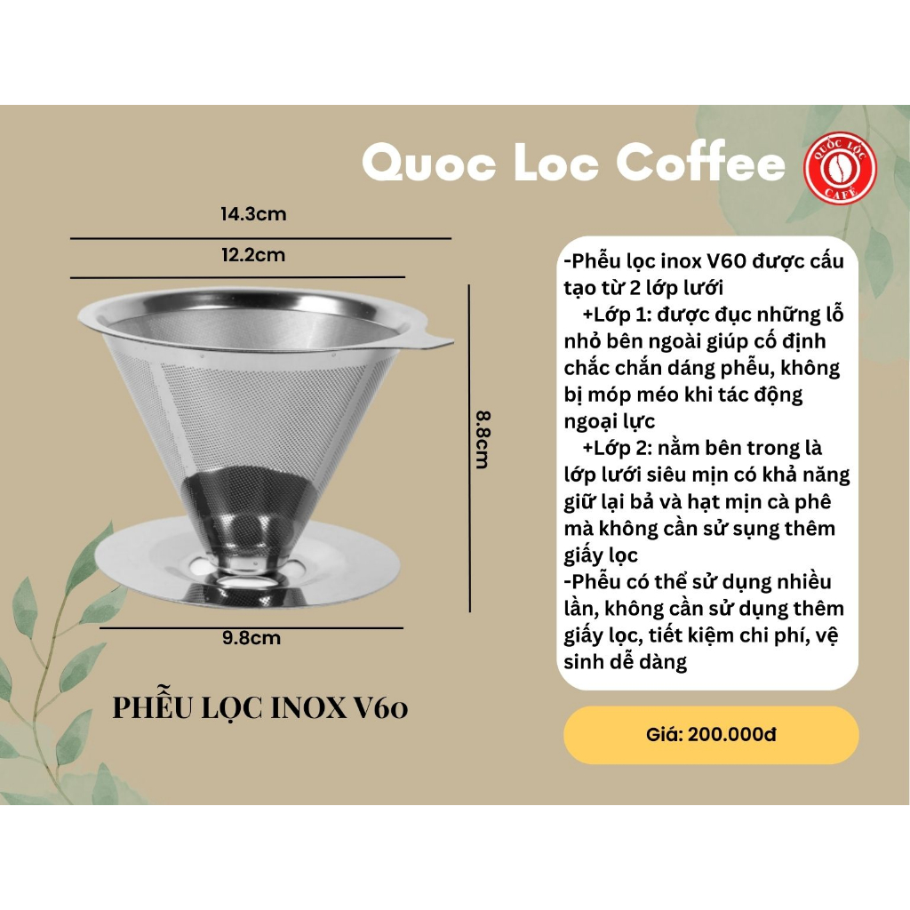 Phễu Lọc INOX V60 - Pha Drip Coffee - Quốc Lộc