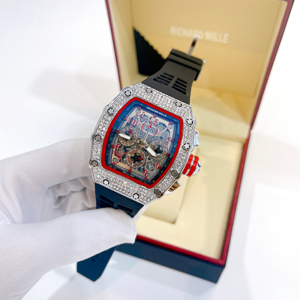 Đồng hồ nam Richard Mile Modiser đính đá, size mặt 43mm, dây cao su, 6kim, chống nước 3ATM, máy pin, bảo hành máy 12 thá
