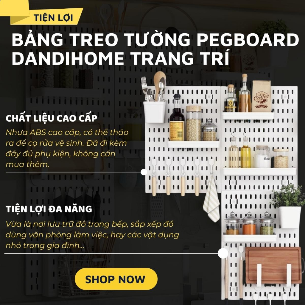 Kệ giá bảng treo tường DandiHome trang trí pegboard để đồ decor bàn học, phòng bếp, nhà tắm, đã kèm đầy đủ phụ kiện, dán