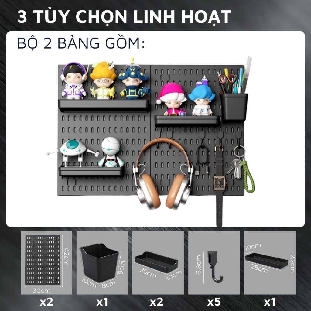 Kệ giá bảng treo tường DandiHome trang trí pegboard để đồ decor bàn học, phòng bếp, nhà tắm, đã kèm đầy đủ phụ kiện, dán