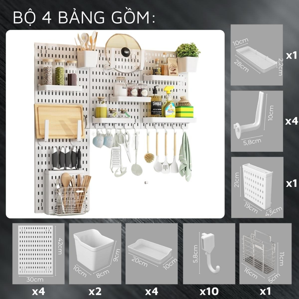 Kệ giá bảng treo tường DandiHome trang trí pegboard để đồ decor bàn học, phòng bếp, nhà tắm, đã kèm đầy đủ phụ kiện, dán