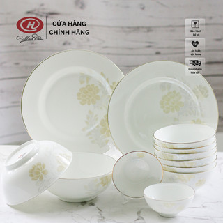[Sứ Siêu Nhẹ] Bộ Bát Đĩa 12 Món Sứ Xương Hoa Viền Vàng Cao Cấp - Sứ Minh Châu