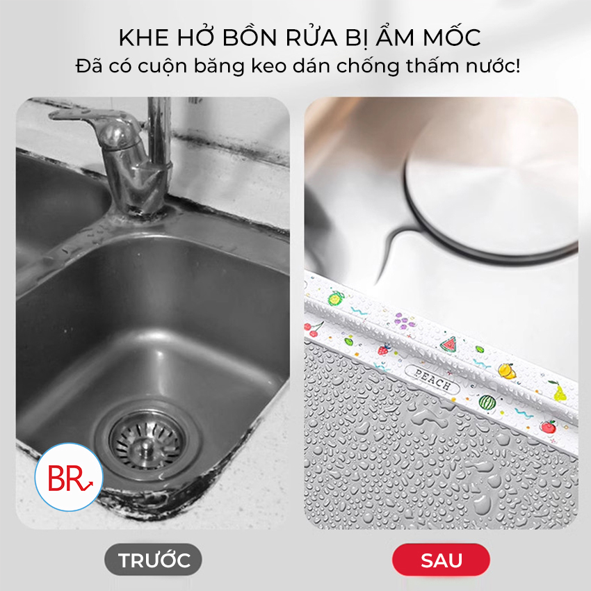 Combo 3 cuộn băng keo hoa văn dán viền bồn rửa bát, nhà tắm chống thấm nước - Bằng dính 3m dán viền kẽ hở bếp 02011