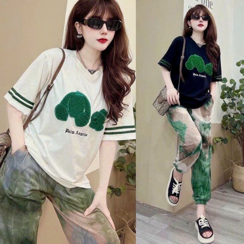 Set Bộ Thun Dài Form Rộng Áo Thun Cotton Đắp Gấu Bông Xù Xanh Lá Phối Quần Bo Chân Họa Tiết Loang Màu