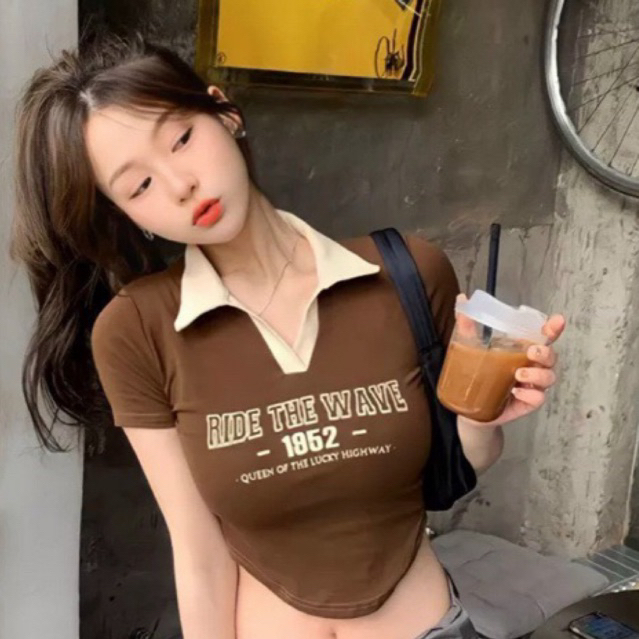 Áo thun croptop cổ bẻ viền màu xinh gomboutique77 💕💕💕51