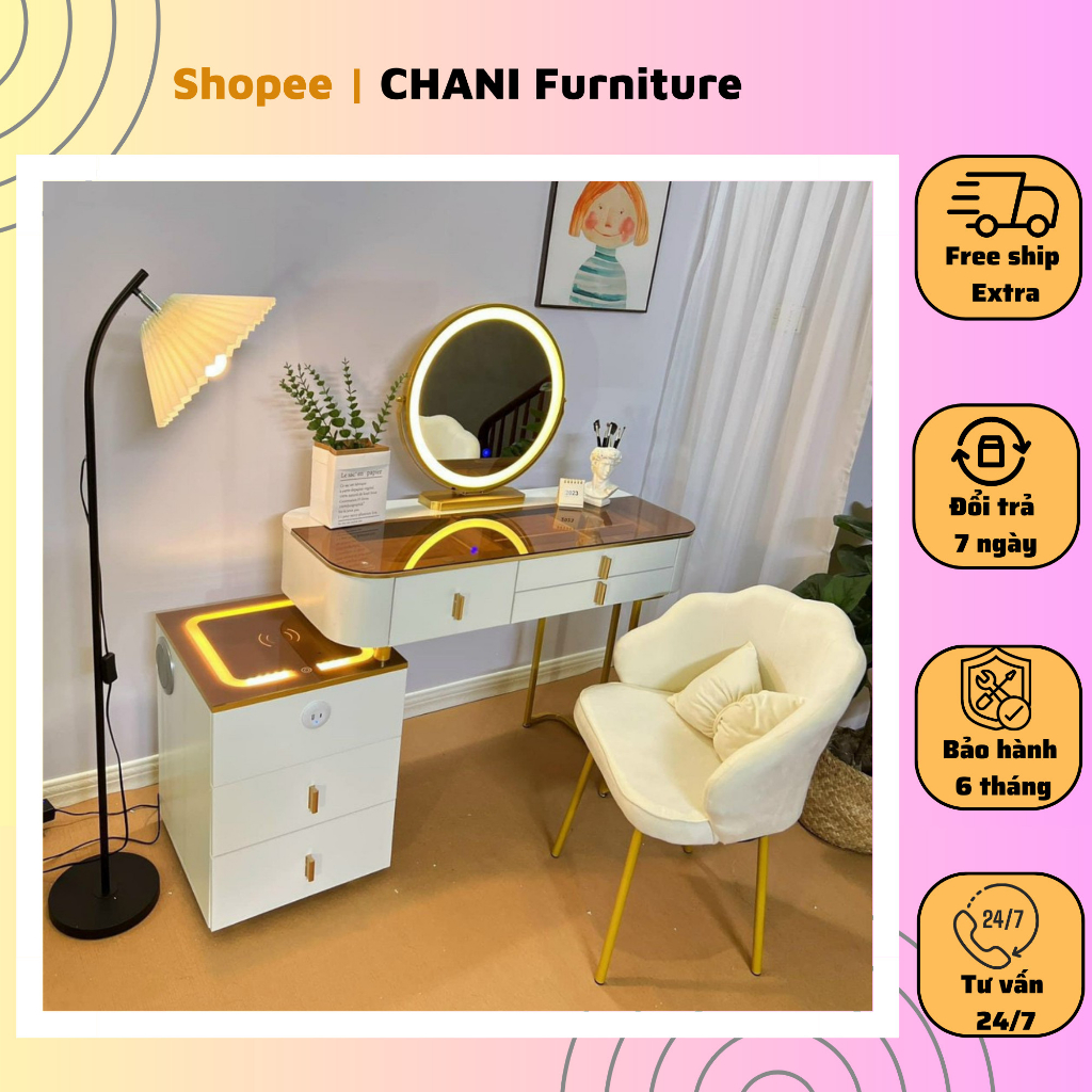 Bàn trang điểm, bàn phấn nhập khẩu thông minh cao cấp có loa sạc đủ bộ đã kèm gương và ghế - Mã TN02