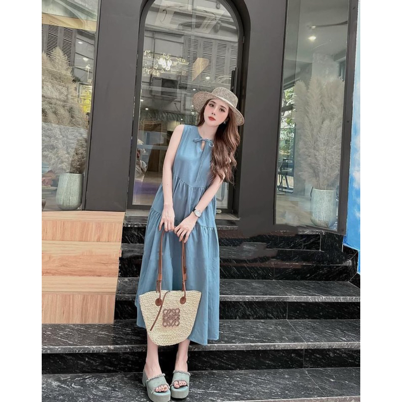 Đầm sat nách, váy bò giấy babydoll dáng dài màu xanh form rộng dạo phố sang chảnh