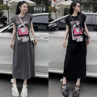 Đầm suông dáng dài chất cotton cổ tròn in hoạ tiết chữ WITHOUT co dãn thời trang