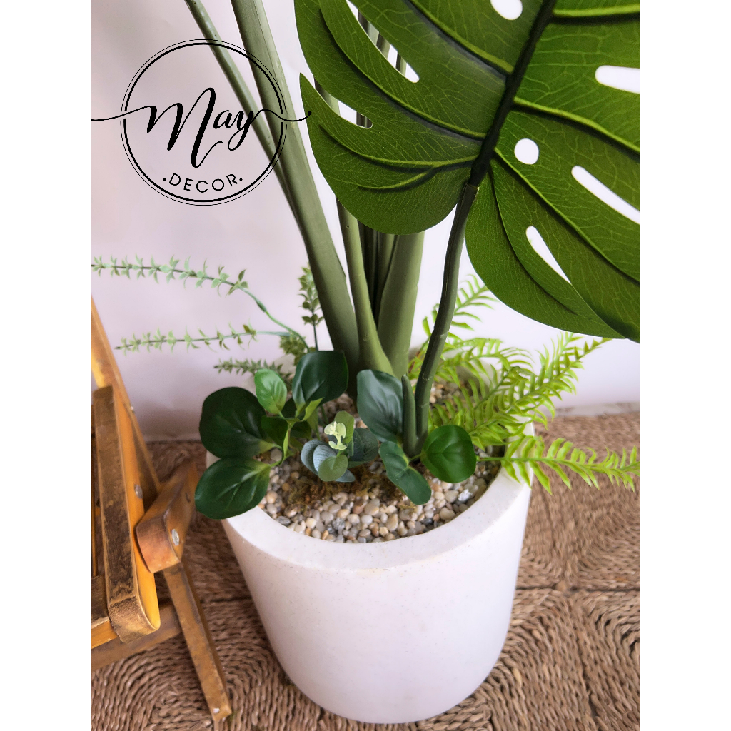 Cây giả,Trầu bà lá Xẻ to cao cấp Monstera 8 lá trang trí nhà cửa