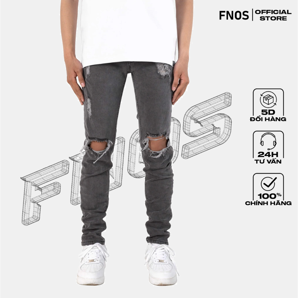 Quần Skinny Jeans Nam FNOS Streetwear Màu Xám Rách Gối NZ24 - Local Brand Chính Hãng