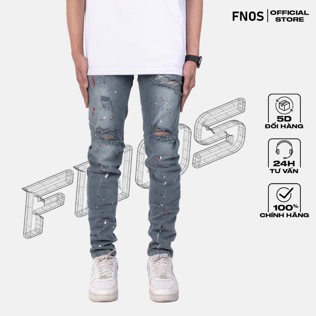 Quần Skinny Jeans Nam FNOS Streetwear Màu Xanh Than Vẩy Sơn NZ30 - Local Brand Chính Hãng