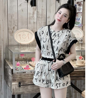 Set mài họa tiết áo tay sát nách phối viền+ quần short!
