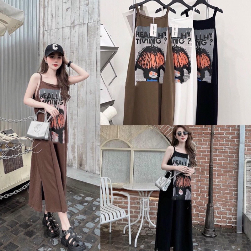 Váy hai dây cotton, đầm suông dáng dài 2 dây chất thun co dãn in chữ HEALLHY form rộng thời trang