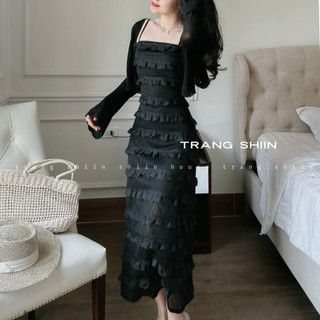 Set váy nữ 2 dây xốp phối bèo gợn sóng kèm khoác sang trọng