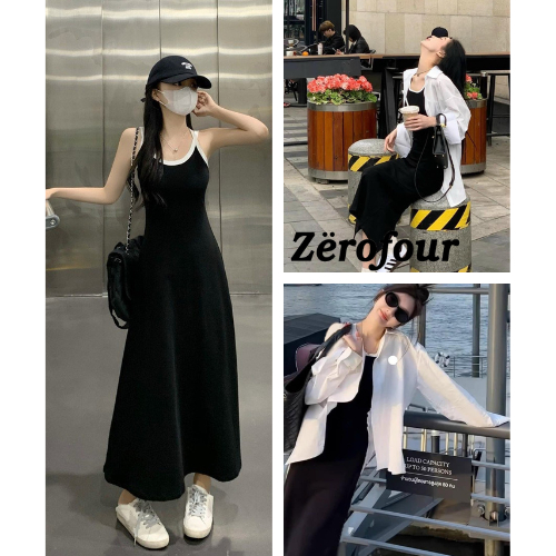 Đầm 2 dây basic ôm body viền trắng vải bozip co dãn 4 chiều / váy suông nữ dáng dài ulzzang zerofour