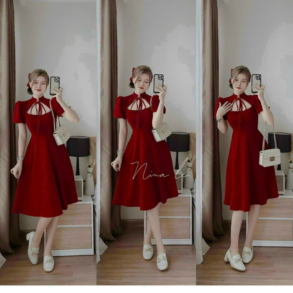 Đầm nhung màu đỏ cổ tàu khoét ngực tay phồng cột dây cổ, đầm nhung dự tiệc dáng dài tay bồng cổ tàu sang trọng dx