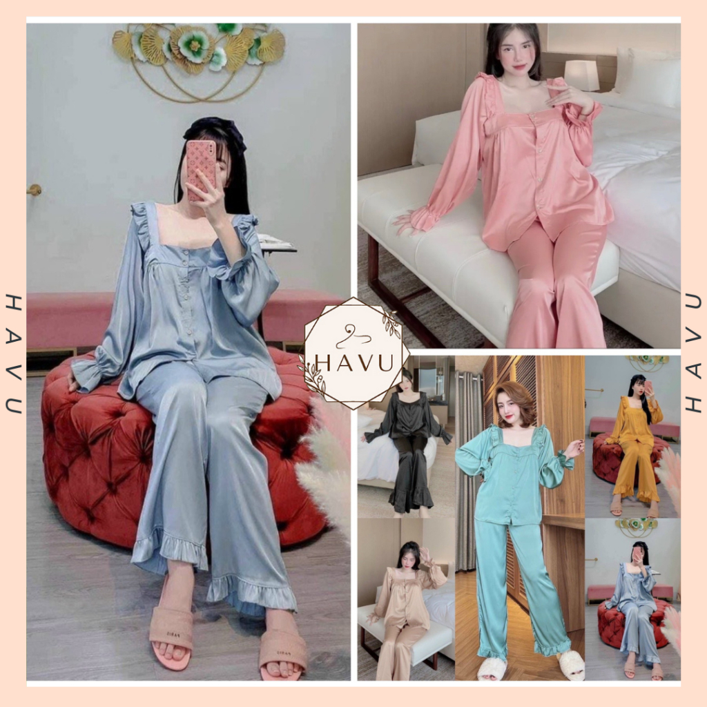 Bộ Pyjama nữ tiểu thư tay dài cổ vuông HAVUSHOP -  Bộ đồ ngủ nữ pijama mặc nhà nhiều mẫu