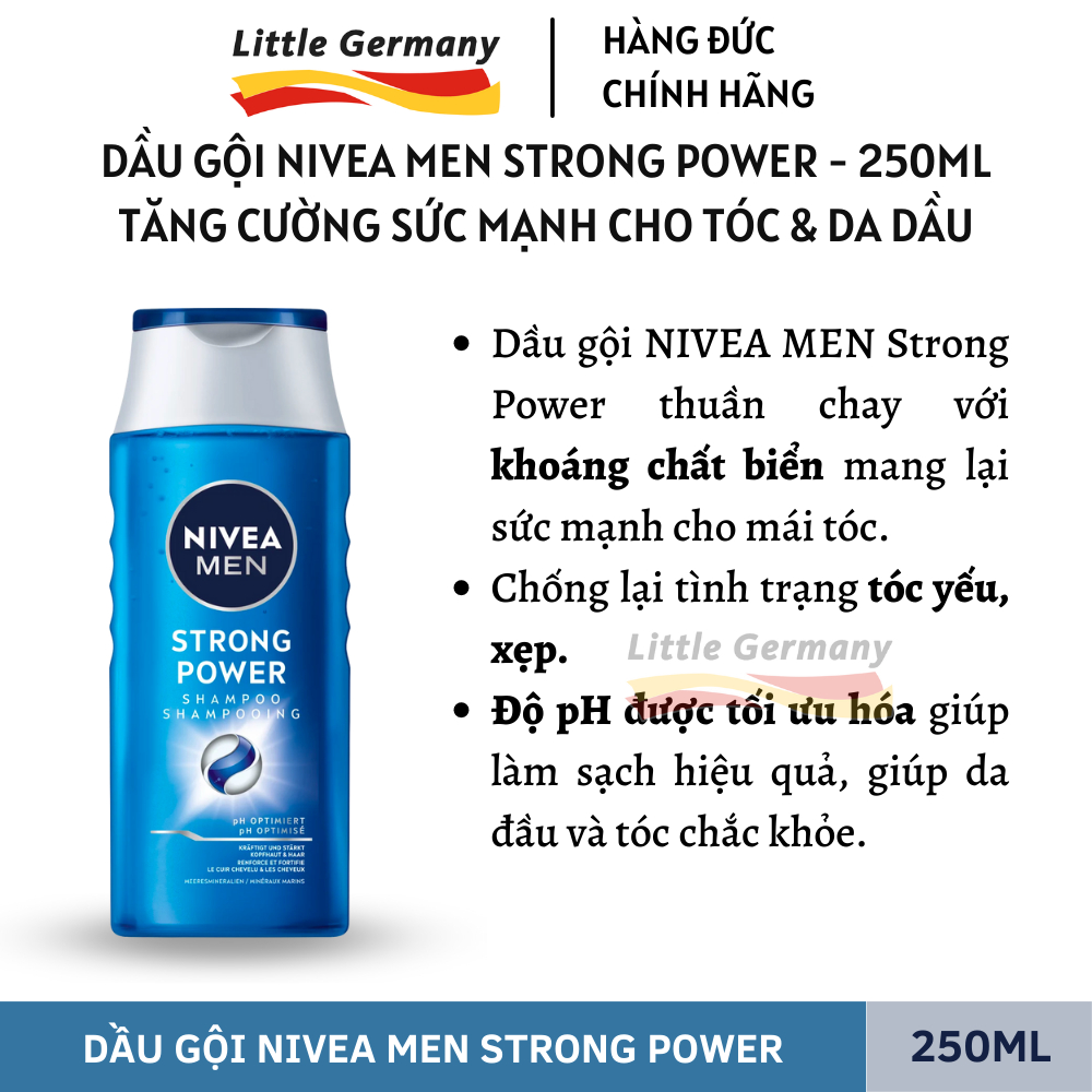 Dầu gội Nivea Men Strong Power 250ML - Tăng cường sức mạnh cho tóc và da đầu, giúp tóc bồng bềnh và chắc khỏe - hàng Đức