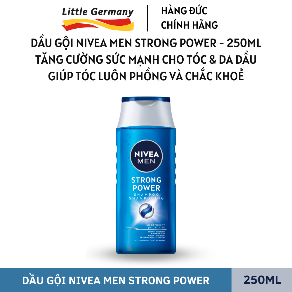 Dầu gội Nivea Men Strong Power 250ML - Tăng cường sức mạnh cho tóc và da đầu, giúp tóc bồng bềnh và chắc khỏe - hàng Đức