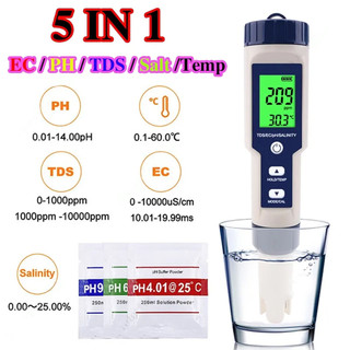 Bút đo độ mặn - kiểm tra chất lượng nước 5 trong 1 - ph/tds/ec - kèm 3 gói ph tiêu chuẩn