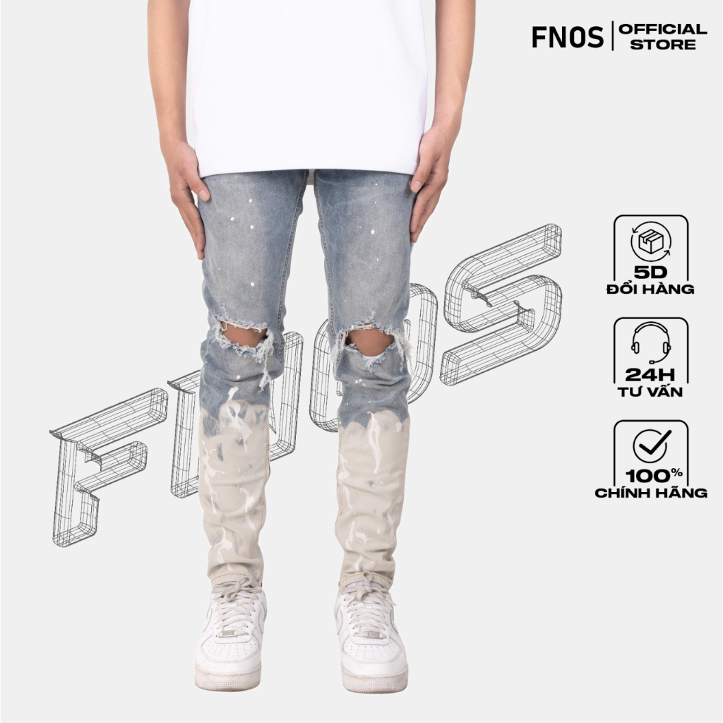 Quần Skinny Jeans Nam FNOS Streetwear Màu Xanh Vẩy Sơn Có Zip Z25 - Local Brand Chính Hãng