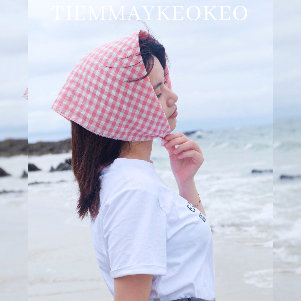 Khăn vải bandana turban TIEMMAYKEOKEO họa tiết caro kẻ ô vuông màu sắc pastel picnic mùa hè cho nữ 50x50cm