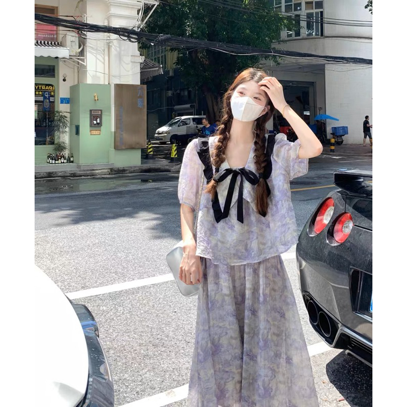 (Có Ảnh Thật) Set Áo Voan Hoa Nhí Và Chân Váy Midi Dài Taobao Order