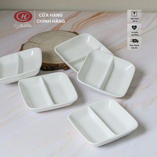 Đĩa chấm 2 ngăn trắng trơn sứ Minh Châu đựng tương ớt, tương cà, nước chấm. xì dầu - Vỡ 1 đổi 1