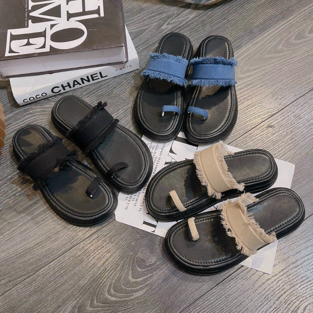 Dép xỏ ngón nữ đế bánh mì quai rách tua rua cực hót