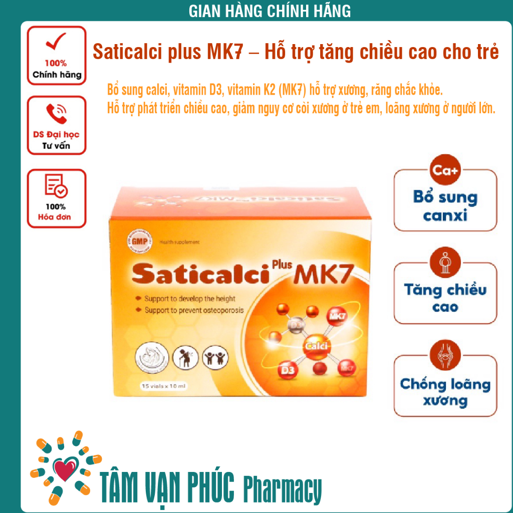 Saticalci plus MK7 – Hỗ trợ tăng chiều cao cho trẻ (Hộp 15 ống)