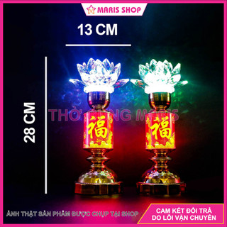 Đèn thờ hoa sen pha lê nguyên khối cao 28cm led đổi màu tự động, đèn bàn thờ phật