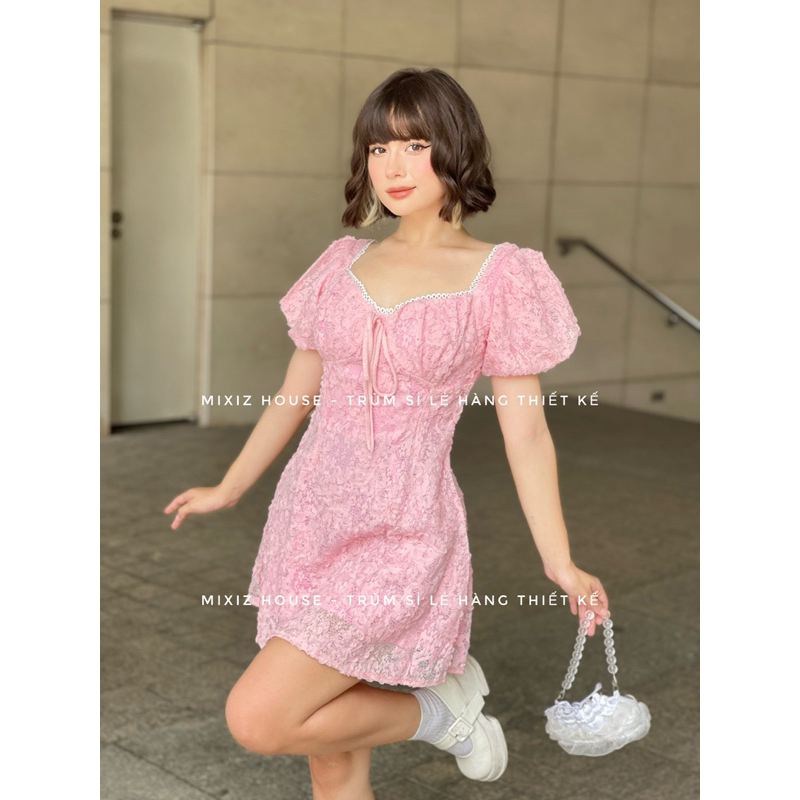 Đầm hoa nhún ngực thắt nơ Mixiz House