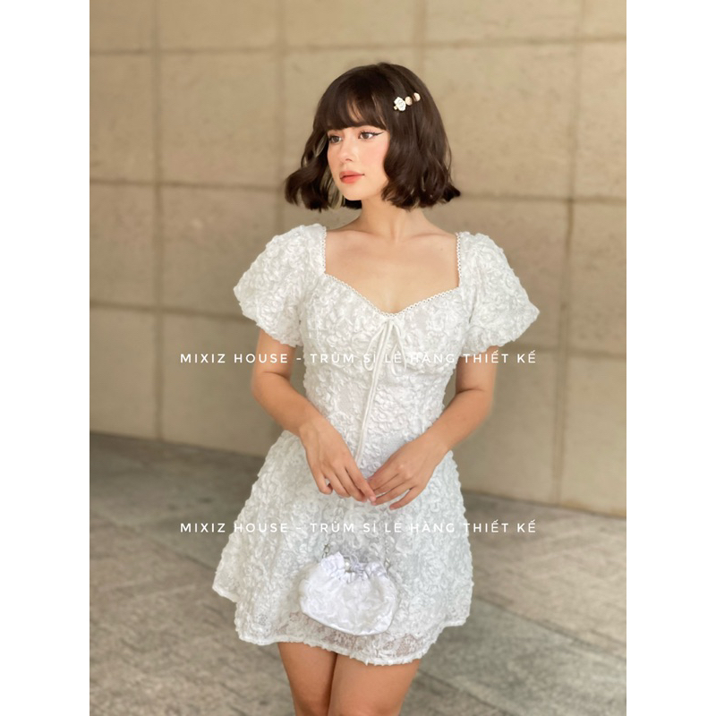 Đầm hoa nhún ngực thắt nơ Mixiz House