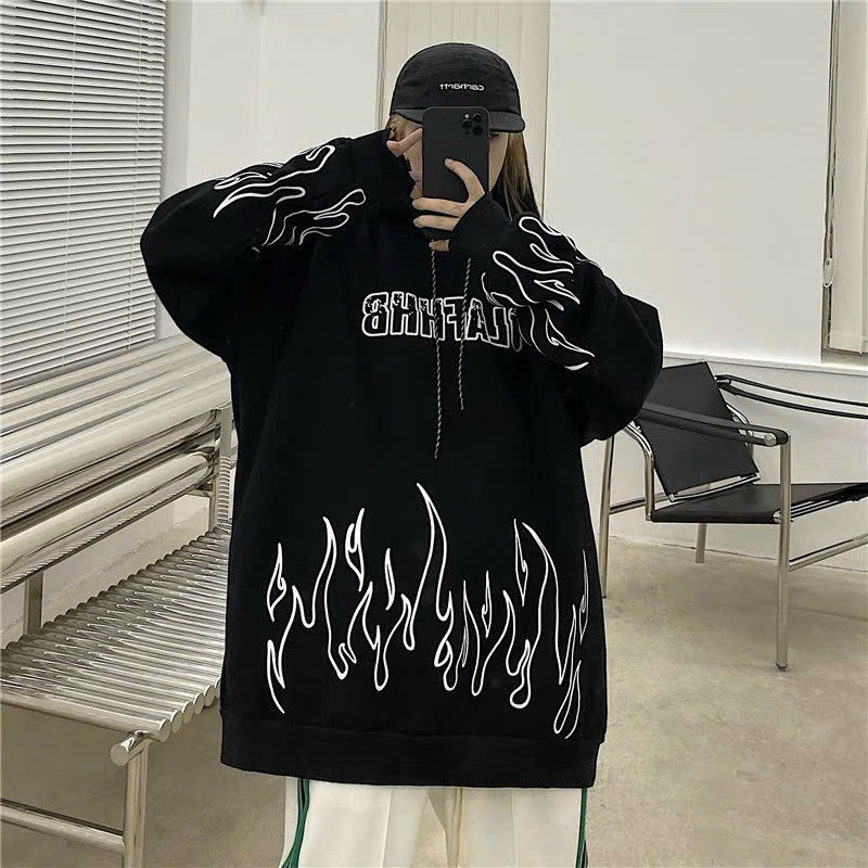 Áo hoodie nỉ bông đen in hình ngọn lửa trắng siêu ngầu freesize dưới 80kg dành cho cả nam và nữ