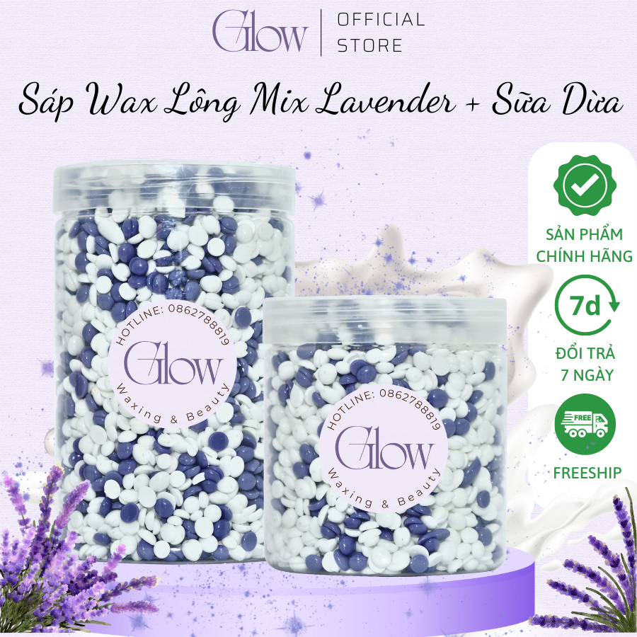 Sáp Wax Lông Nóng Mix Lavender + Sữa Dừa Chuyên Dụng Wax Bikini, Nách Mùi Thơm Nhẹ Nhàng Tặng Kèm Que GLOWWAXING Che Tên