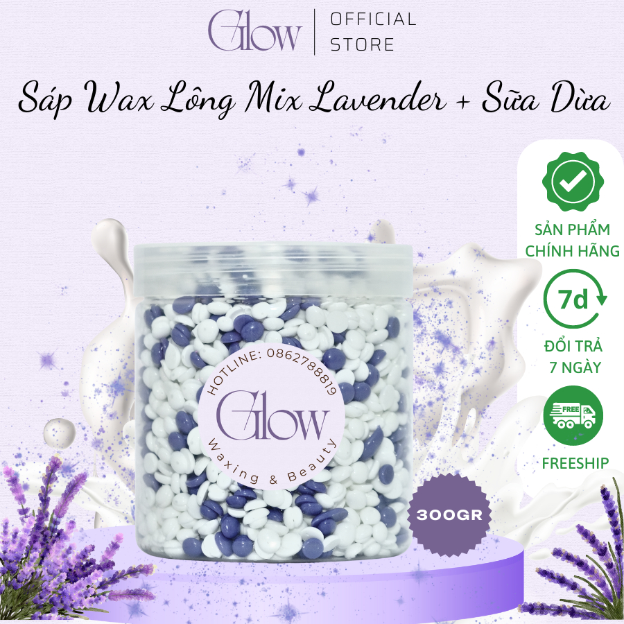 Sáp Wax Lông Nóng Mix Lavender + Sữa Dừa Chuyên Dụng Wax Bikini, Nách Mùi Thơm Nhẹ Nhàng Tặng Kèm Que GLOWWAXING Che Tên