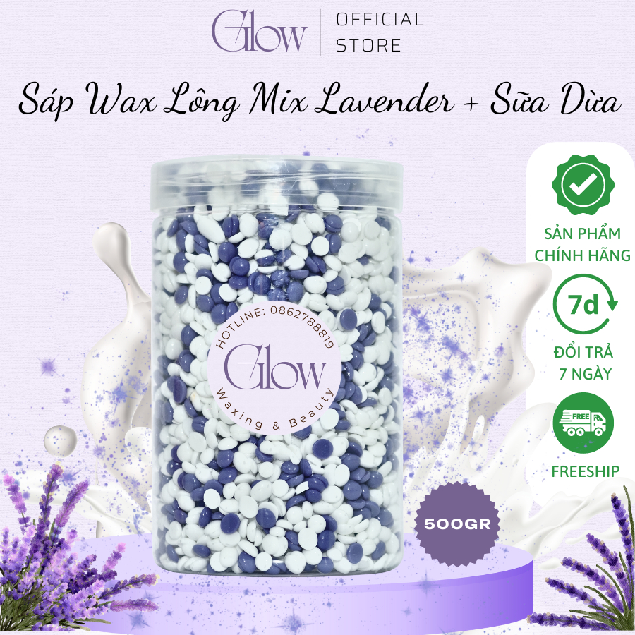 Sáp Wax Lông Nóng Mix Lavender + Sữa Dừa Chuyên Dụng Wax Bikini, Nách Mùi Thơm Nhẹ Nhàng Tặng Kèm Que GLOWWAXING Che Tên
